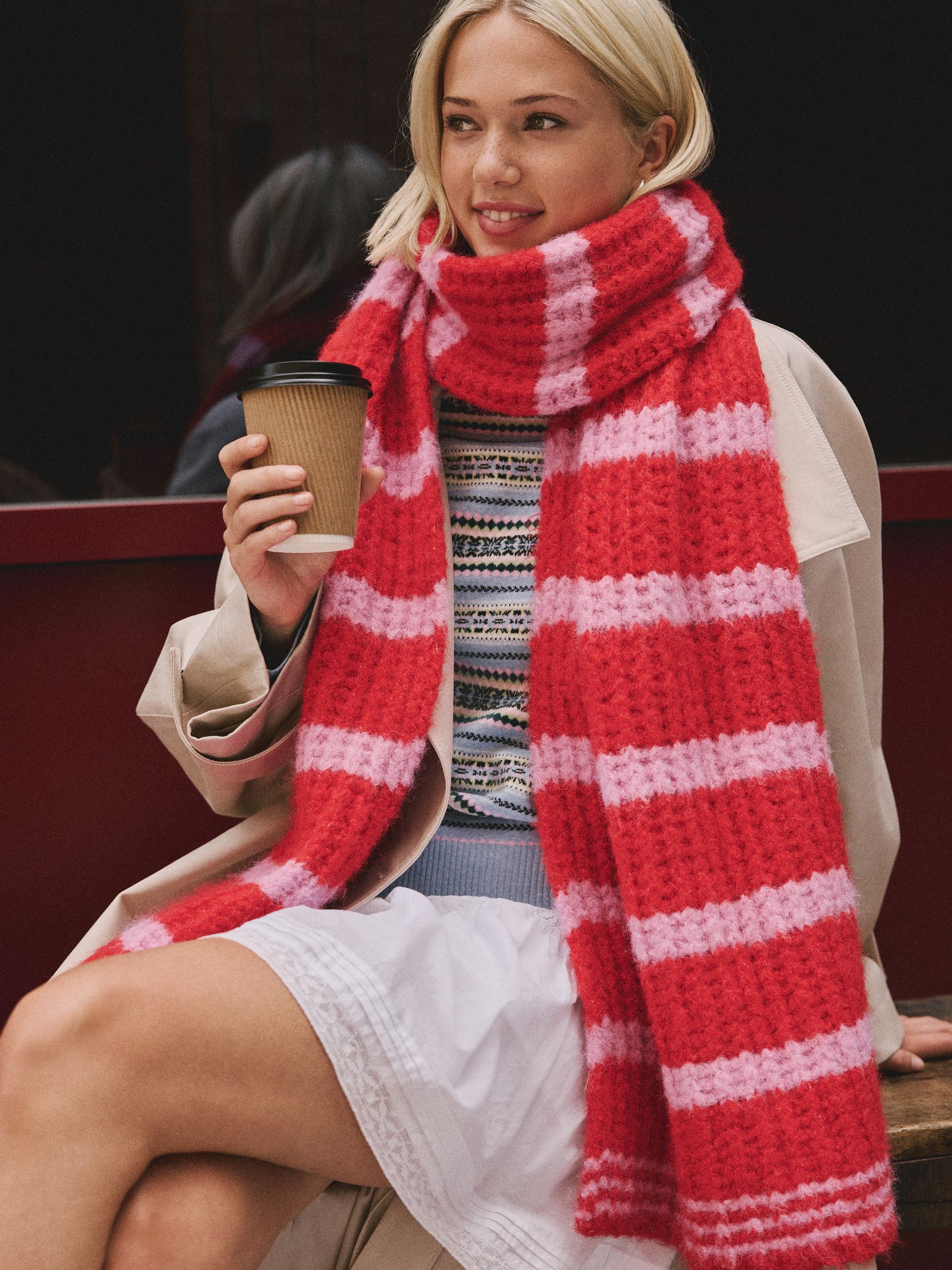Buy Pink Knitted Wool Blend Striped Scarf from Next USA