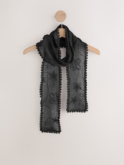 Black Skinny Embroidered Scarf - Image 1 of 3