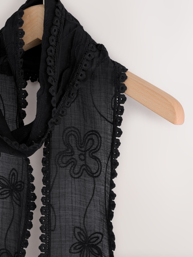 Black Skinny Embroidered Scarf - Image 2 of 3