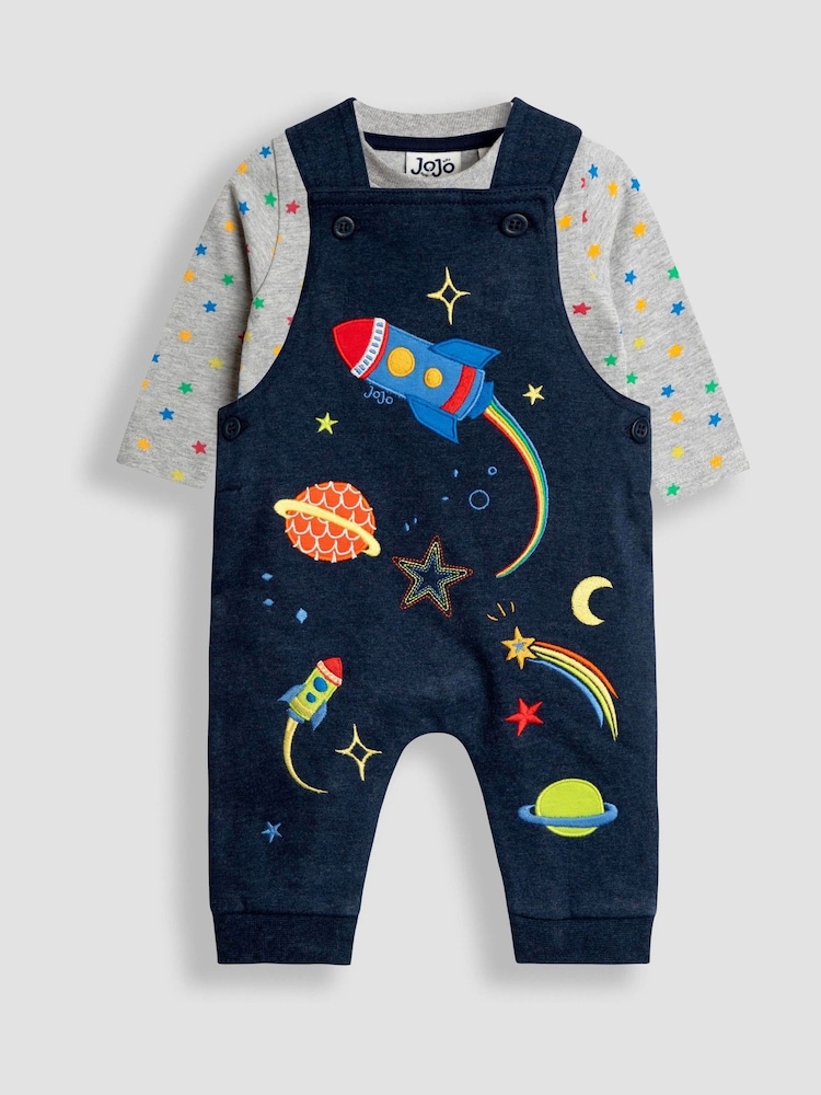 JoJo Maman Bébé Navy Blue Space 2-Piece Appliqué Dungarees & Print Top Set - Image 1 of 6 JoJo Maman Bébé Navy Blue Space 2-Piece Appliqué Dungarees & Print Top Set - Image 1 of 6