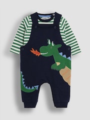 JoJo Maman Bébé Dark Blue Dragon 2-Piece Appliqué Dungarees & Stripe Top Set - Image 1 of 10