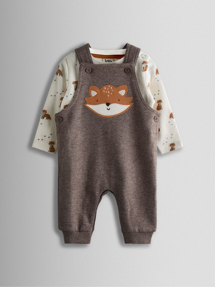 JoJo Maman Bébé Mocha Brown Fox 2-Piece Appliqué Dungarees & Print Top Set - Image 1 of 6 JoJo Maman Bébé Mocha Brown Fox 2-Piece Appliqué Dungarees & Print Top Set - Image 1 of 6