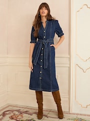Love & Roses Rinse Blue Denim Lace Trim Midi Dress - Image 1 of 4