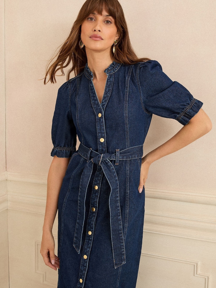 Love & Roses Rinse Blue Denim Lace Trim Midi Dress - Image 2 of 4