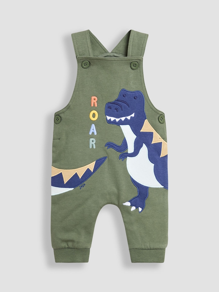 JoJo Maman Bébé Khaki Green Dino 2-Piece Appliqué Dungarees & Print Top Set - Image 2 of 9 JoJo Maman Bébé Khaki Green Dino 2-Piece Appliqué Dungarees & Print Top Set - Image 2 of 9