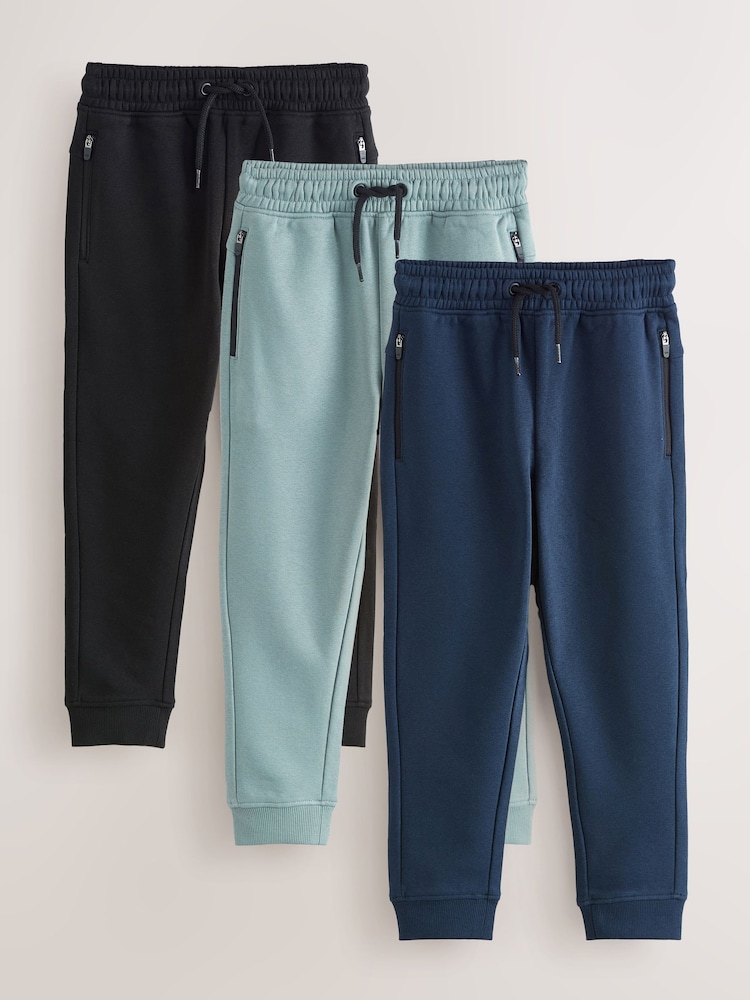 Multi Black/Navy/Mineral Slim Fit Zip Joggers 3 Pack (3-16yrs) - Image 1 of 7 Multi Black/Navy/Mineral Slim Fit Zip Joggers 3 Pack (3-16yrs) - Image 1 of 7