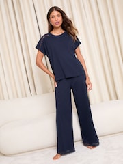 Lipsy Navy Lace Trim Jersey Short Sleeve Trousers Pyjamas Set - Image 1 of 4