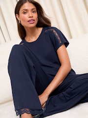 Lipsy Navy Lace Trim Jersey Short Sleeve Trousers Pyjamas Set - Image 2 of 4