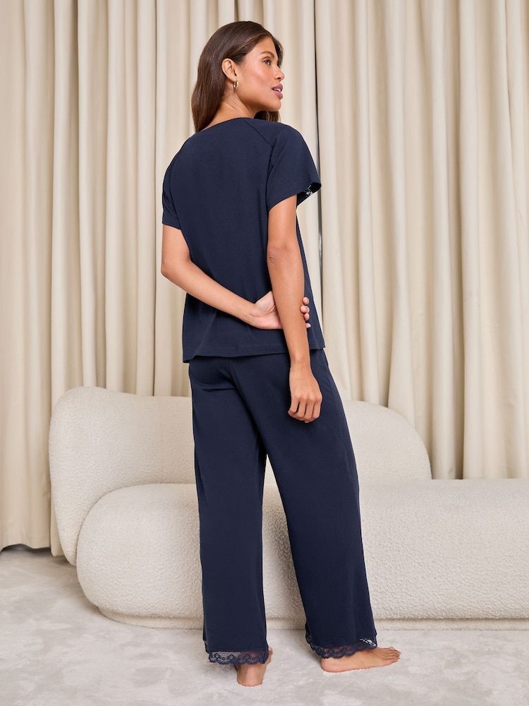 Lipsy Navy Lace Trim Jersey Short Sleeve Trousers Pyjamas Set - Image 4 of 4