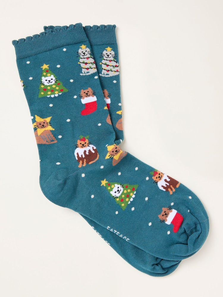 FatFace Teal Blue Cat Tree Socks - Image 1 of 2 FatFace Teal Blue Cat Tree Socks - Image 1 of 2