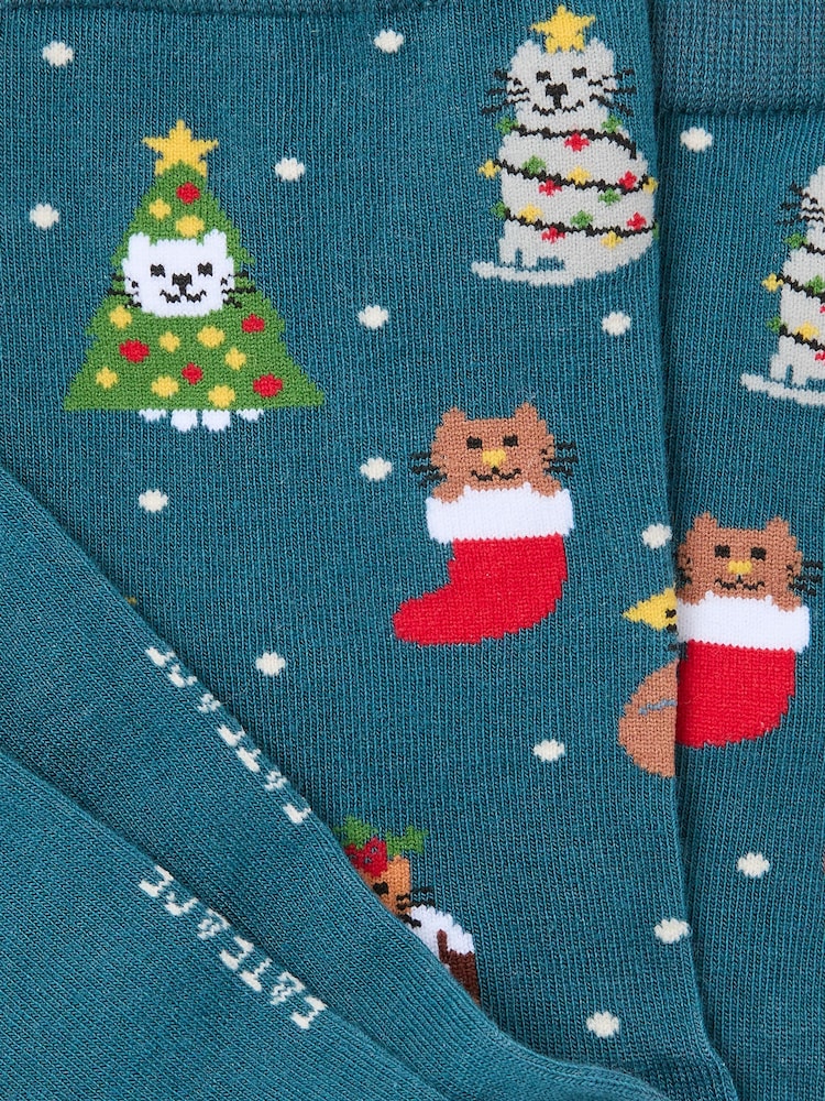 FatFace Teal Blue Cat Tree Socks - Image 2 of 2 FatFace Teal Blue Cat Tree Socks - Image 2 of 2