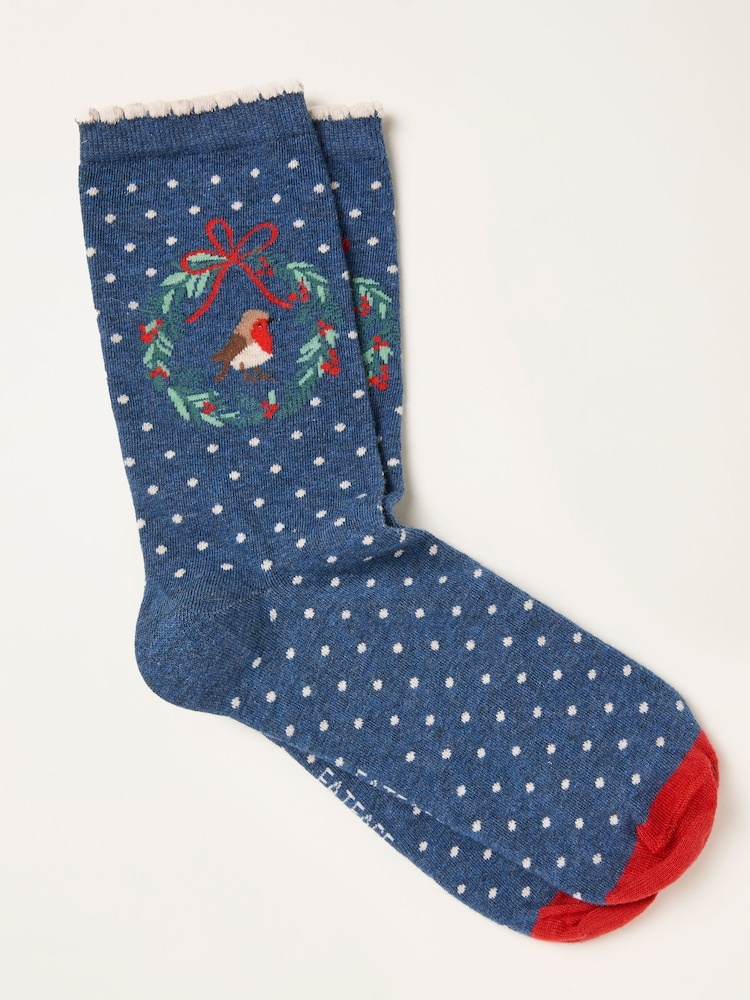 FatFace Navy Robin Wreath Socks - Image 1 of 2 FatFace Navy Robin Wreath Socks - Image 1 of 2
