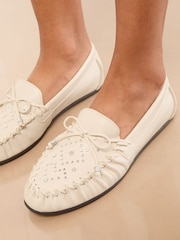 Lipsy Cream Faux Leather Studded Casual Moccasin Loafers - Image 3 of 5