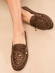 Lipsy Chocolate Brown Faux Leather Studded Casual Moccasin Loafers - Image 1 of 5