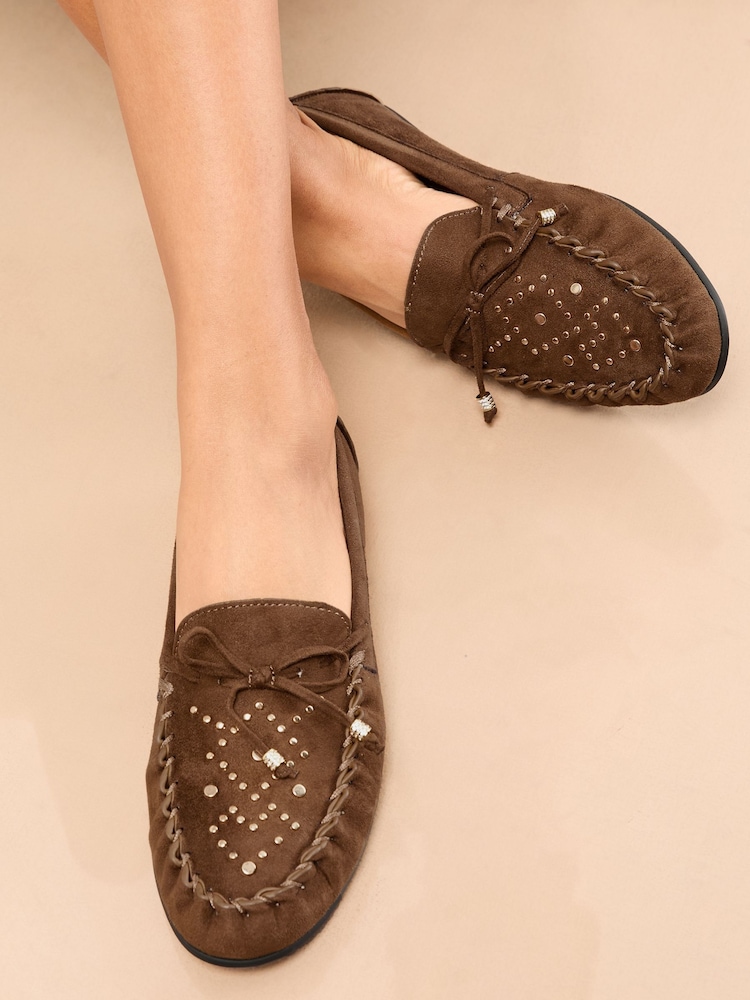 Lipsy Chocolate Brown Faux Leather Studded Casual Moccasin Loafers - Image 1 of 5