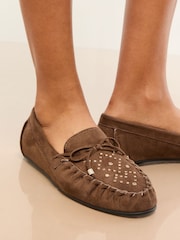 Lipsy Chocolate Brown Faux Leather Studded Casual Moccasin Loafers - Image 3 of 5