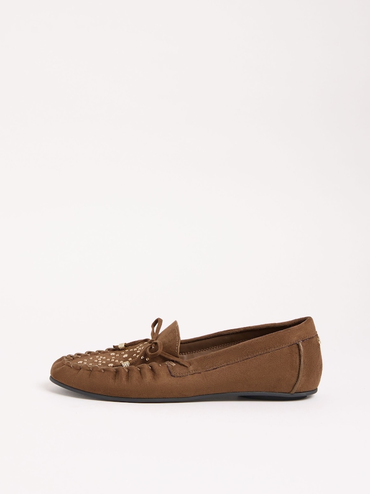 Lipsy Chocolate Brown Faux Leather Studded Casual Moccasin Loafers - Image 5 of 5