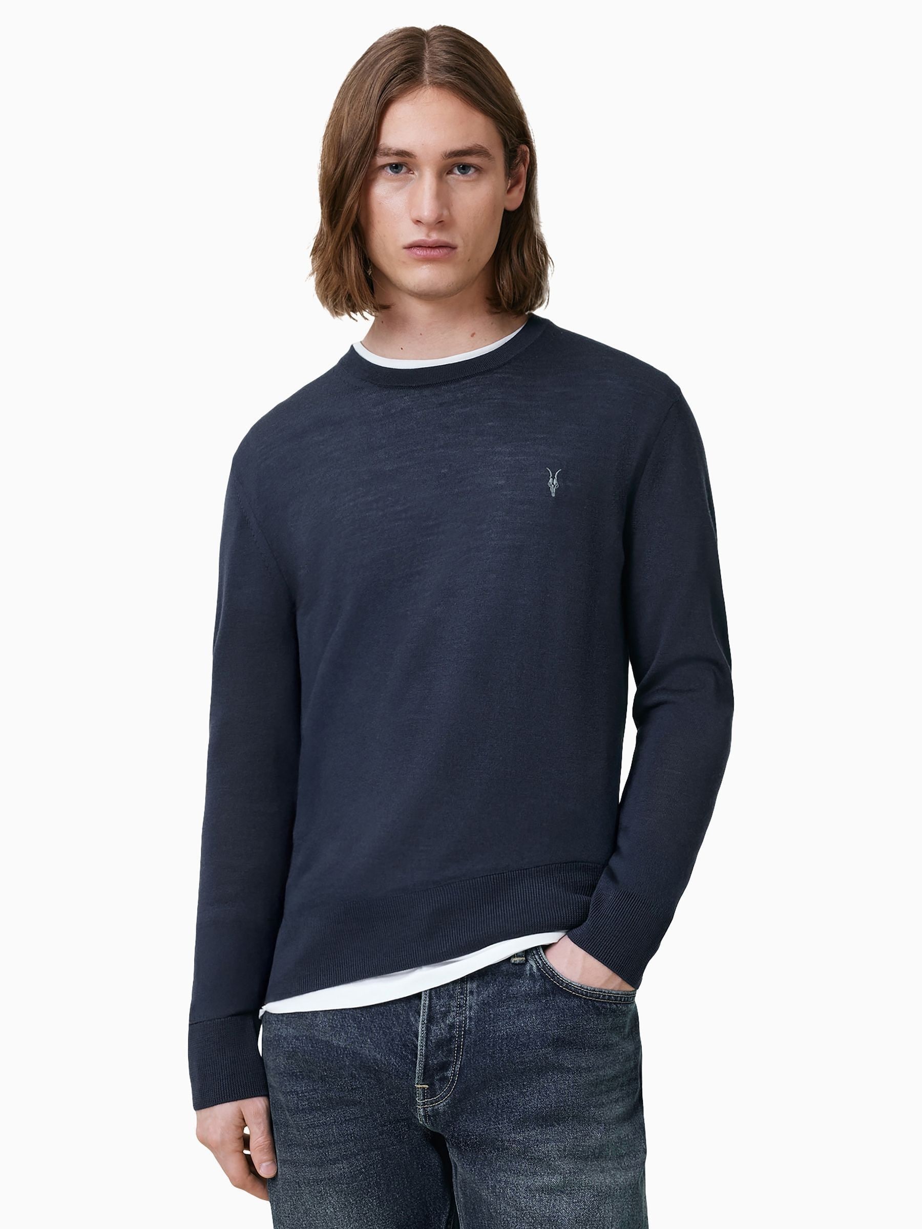 Buy AllSaints NAVY BLUE Mode Merino Wool Crew Neck Jumper from