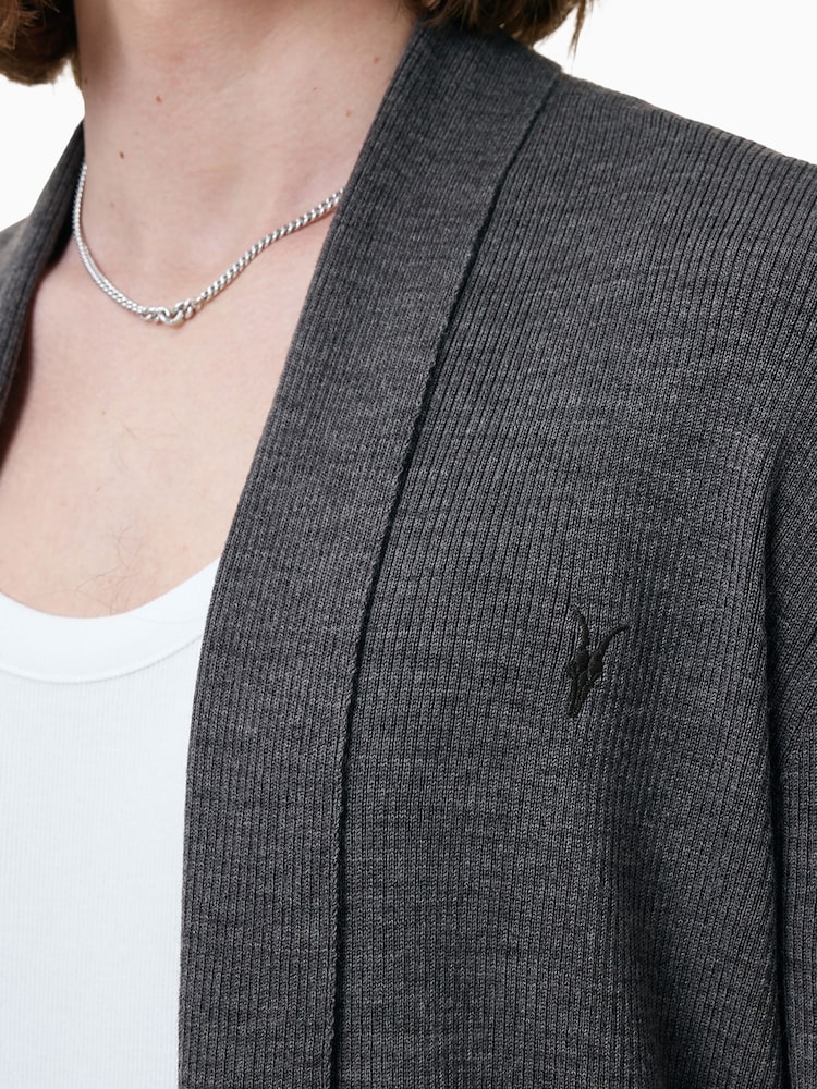 AllSaints Monument Grey Mode Merino Wool Open Cardigan - Image 3 of 5