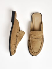 Friends Like These Taupe Comfort Ruched Faux Suede Mule Loafer Shoes - Image 1 of 4