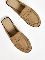 Friends Like These Taupe Comfort Ruched Faux Suede Mule Loafer Shoes - Image 3 of 4