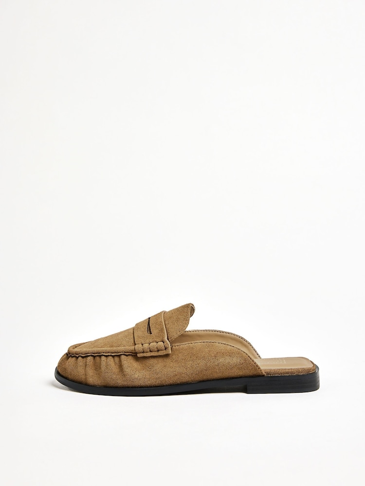 Friends Like These Taupe Comfort Ruched Faux Suede Mule Loafer Shoes - Image 4 of 4 Friends Like These Taupe Comfort Ruched Faux Suede Mule Loafer Shoes - Image 4 of 4