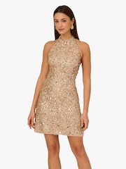 Adrianna Papell Pink Beaded Halter Short Dress - Image 1 of 6