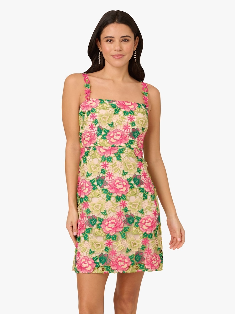 Rochie scurtă cu broderie florală roz Adrianna Papell - Imaginea 2 din 7