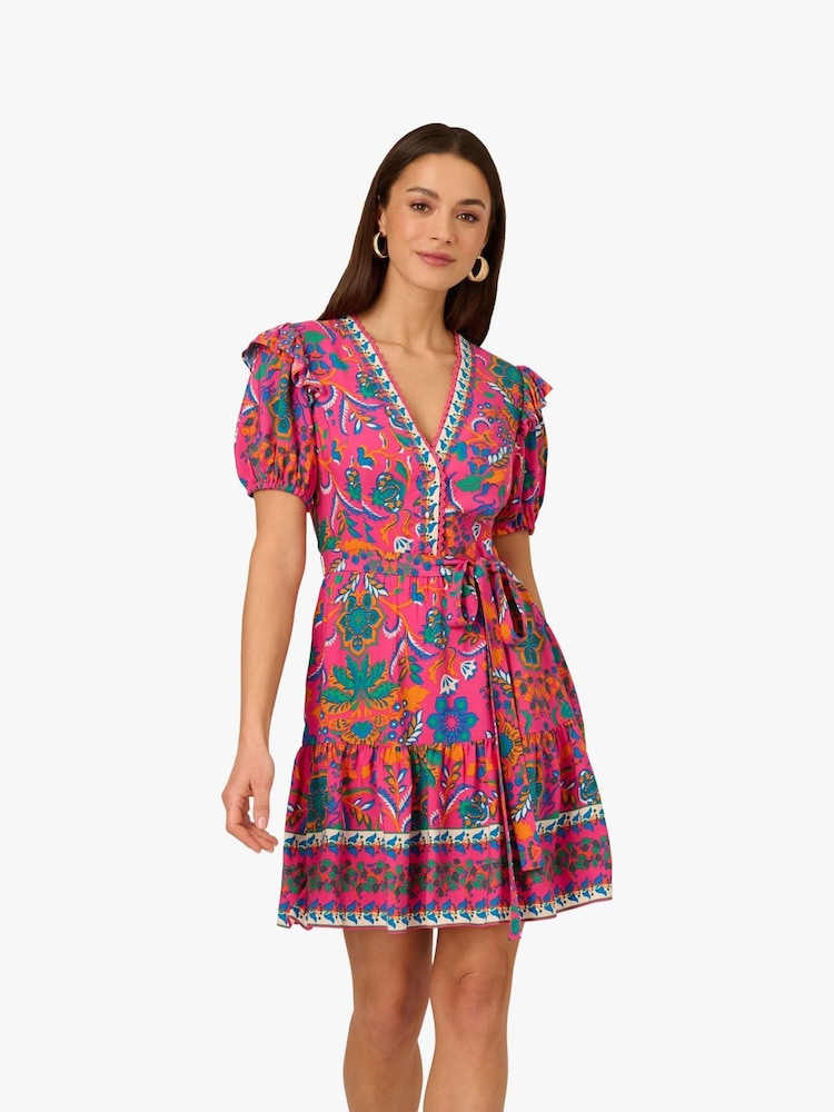 Adrianna  by Adrianna Papell Pink Printed Short Flounce Dress - Image 1 of 6