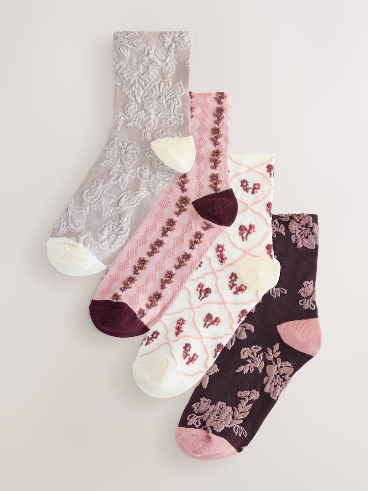 Pink Floral Texture Ankle Socks 4 Pack - Image 1 of 7