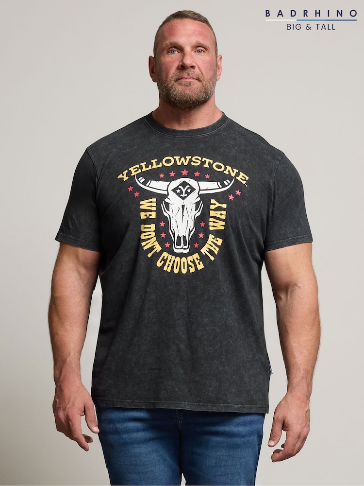 BadRhino Big & Tall Black Acid Wash Yellowstone 100% Cotton T-Shirt - Image 1 of 8