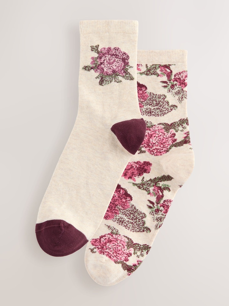 Oatmeal/Pink Tapestry Floral - Pack de 2 pares de calcetines tobilleros - Imagen 1 de 5
