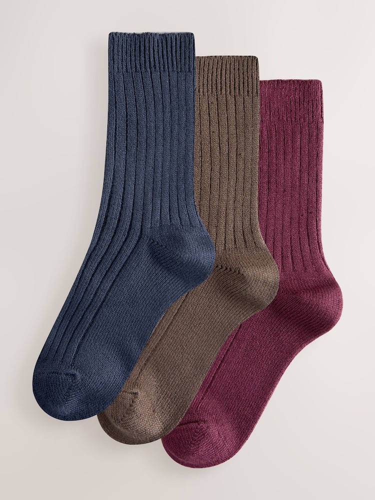 Navy/Berry/Choc Warm Handle Ribbed Ankle Socks 3 Pack - Image 1 of 6
