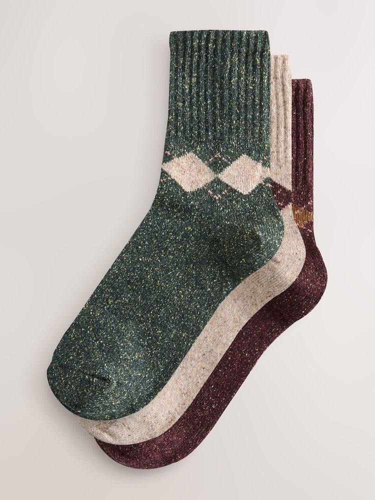 Berry/Green/Neutral Argyle - Containing Wool Ankle Socks 3 Pack - Imagen 1 de 6