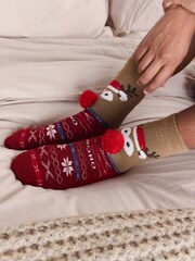 Red/Brown Rudolph Slipper Socks 2 Pack - Image 1 of 2