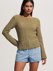 Khaki Green Long Sleeve Textured Top - Image 1 of 6