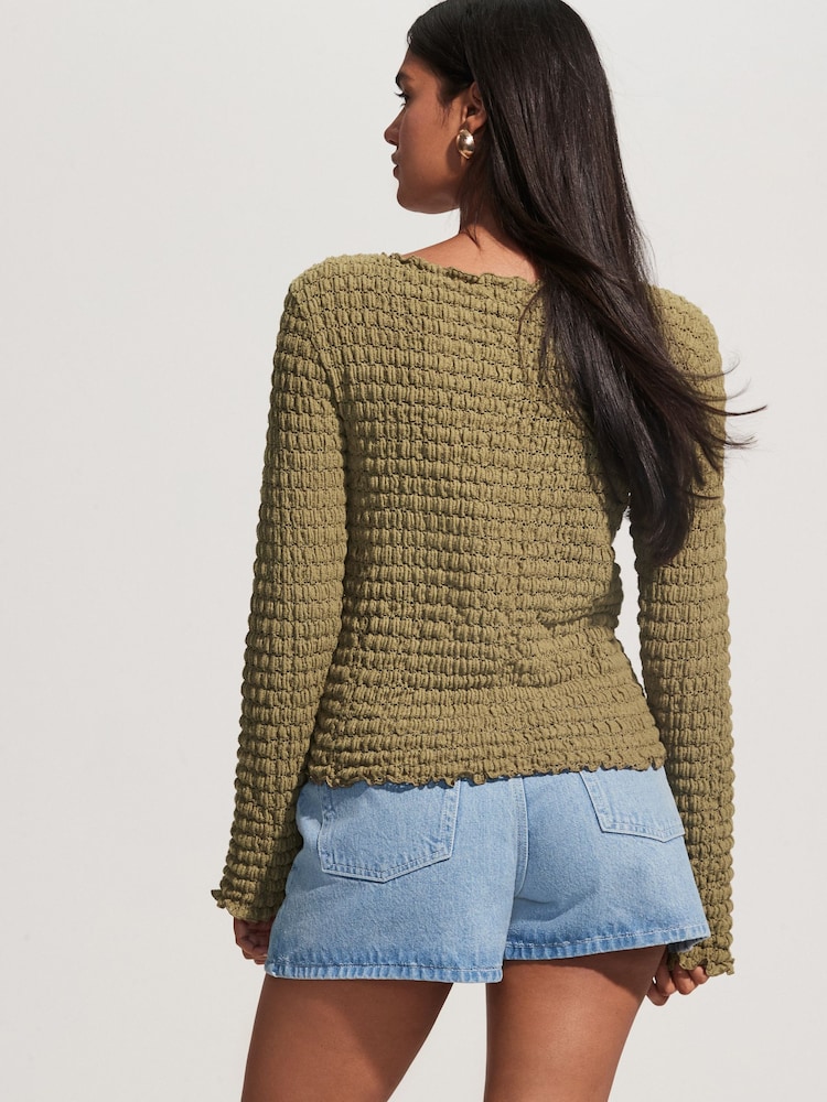 Khaki Green Long Sleeve Textured Top - Image 2 of 6