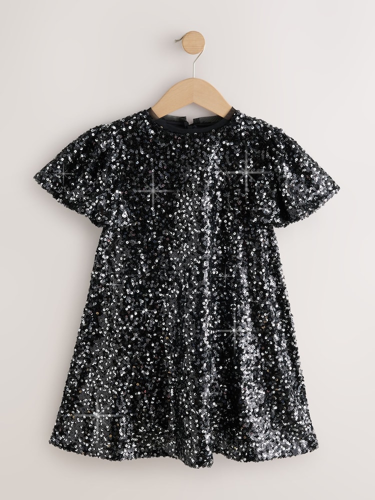 Black Angel Sleeve Sequin Party Dress (3-16yrs) - Image 1 of 4