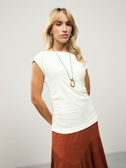 Ecru Short Sleeve Ruched Detail Jersey T-Shirt - Image 1 of 7