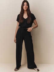 Black Textured Wide Leg Trousers - Image 1 of 8