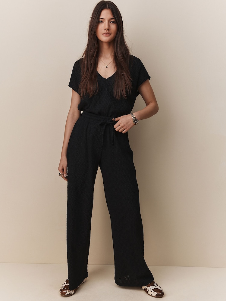 Black Textured Wide Leg Trousers - Image 1 of 8 Black Textured Wide Leg Trousers - Image 1 of 8
