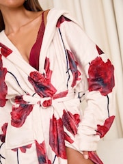 Lipsy Red and Cream Rose Print Super Cosy Midi Dressing Gown - Image 4 of 4
