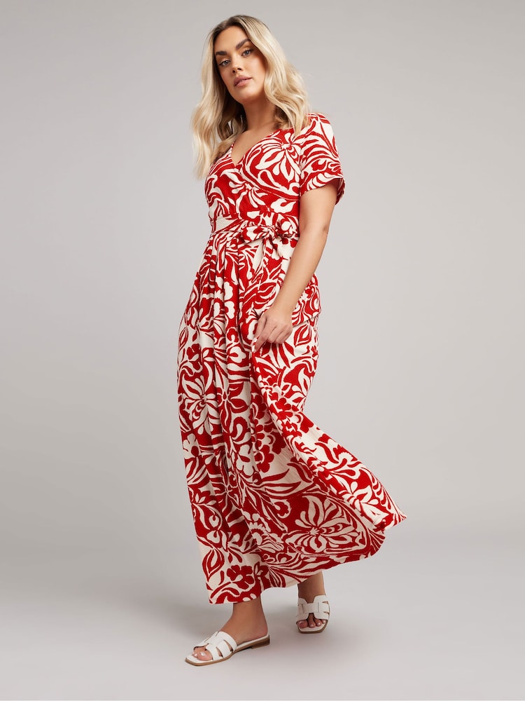 Yours Curve Red Floral Wrap Dress - Image 1 of 5