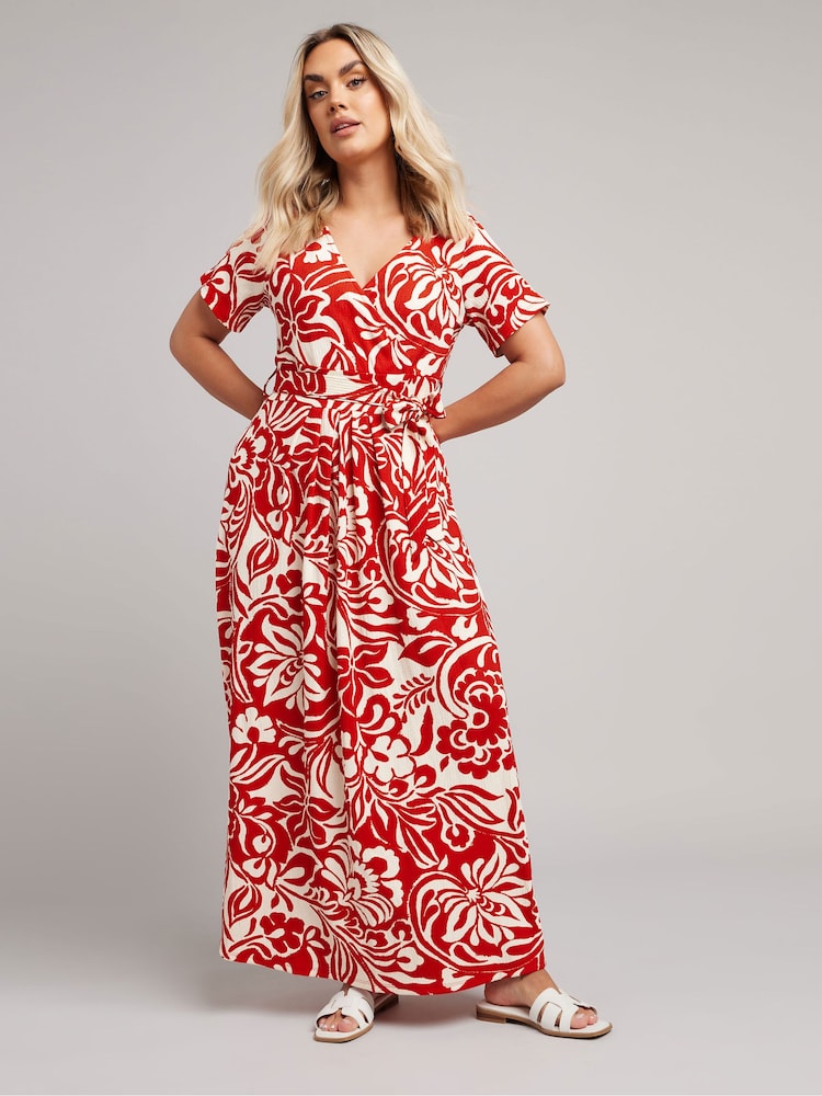 Yours Curve Red Floral Wrap Dress - Image 2 of 5