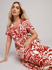Yours Curve Red Floral Wrap Dress - Image 4 of 5