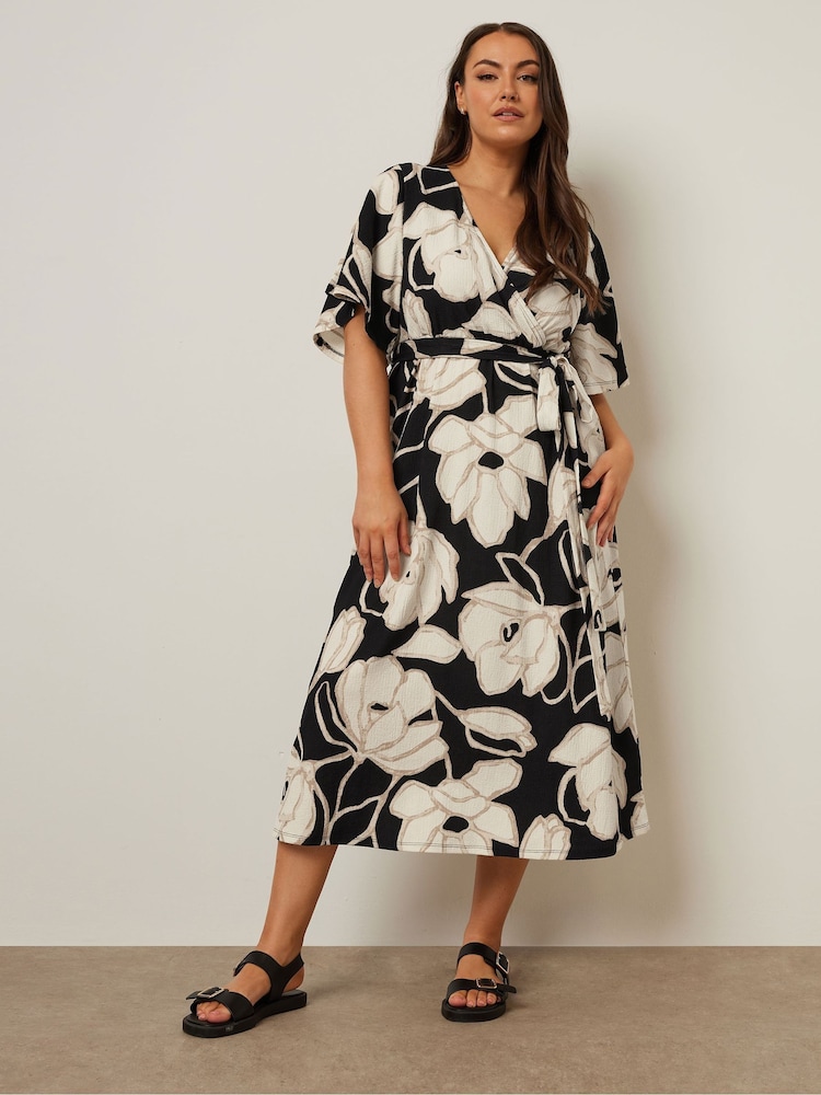 Yours Curve Charcoal Black Abstract Wrap Dress - Image 1 of 5
