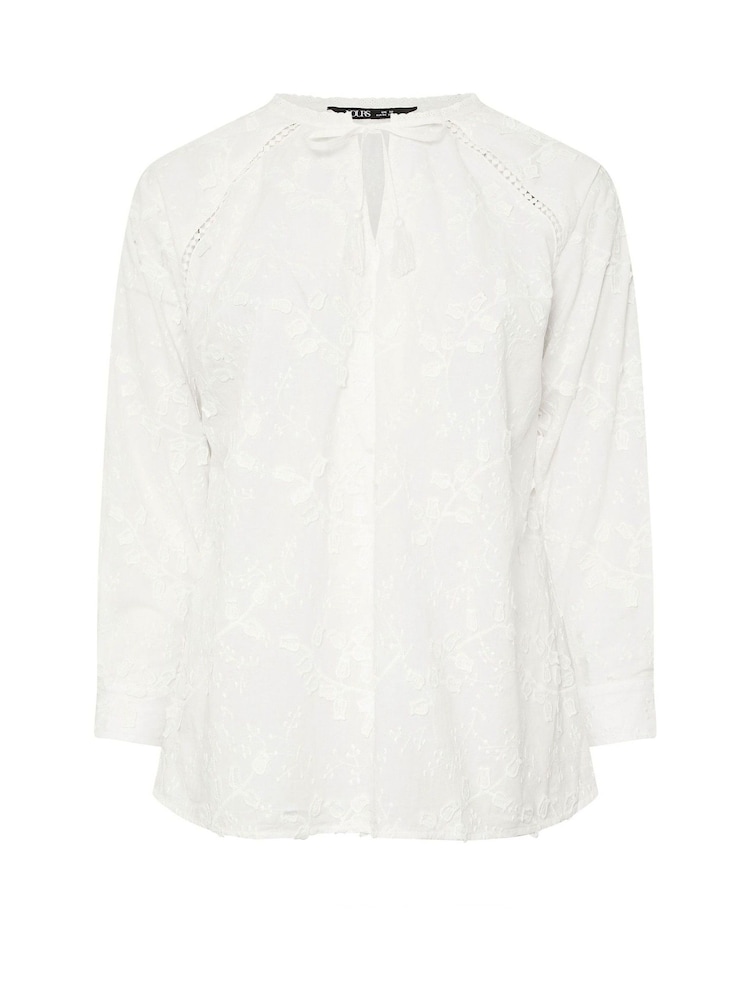 Yours Curve White 3D Floral Tie 100% Cotton Blouse - Image 1 of 1
