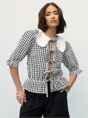 PixieGirl Petite Black 100% Cotton Gingham Collar Tie Front Top - Image 1 of 6