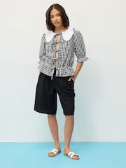 PixieGirl Petite Black 100% Cotton Gingham Collar Tie Front Top - Image 2 of 6