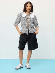 PixieGirl Petite Black 100% Cotton Gingham Collar Tie Front Top - Image 3 of 6